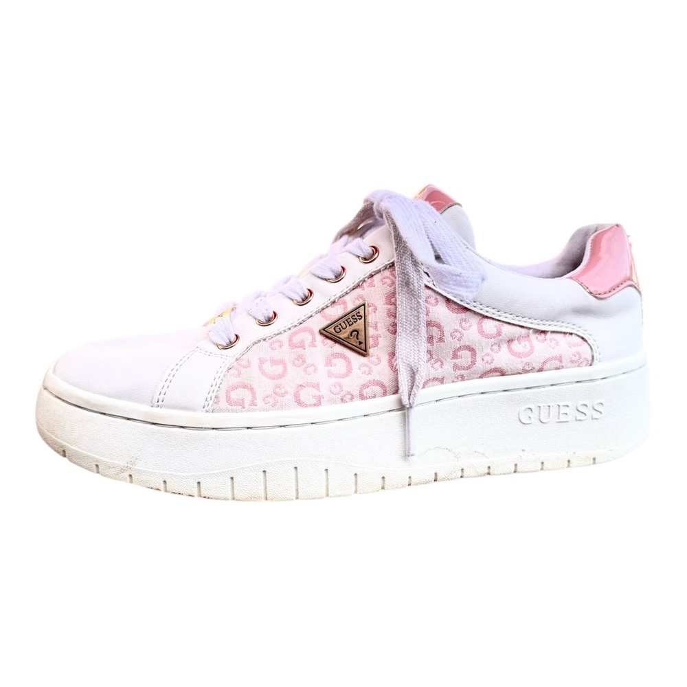 Guess Pink and White Leather, Low-Top Sneakers, 7.5 Logo Pattern & Metal Accents